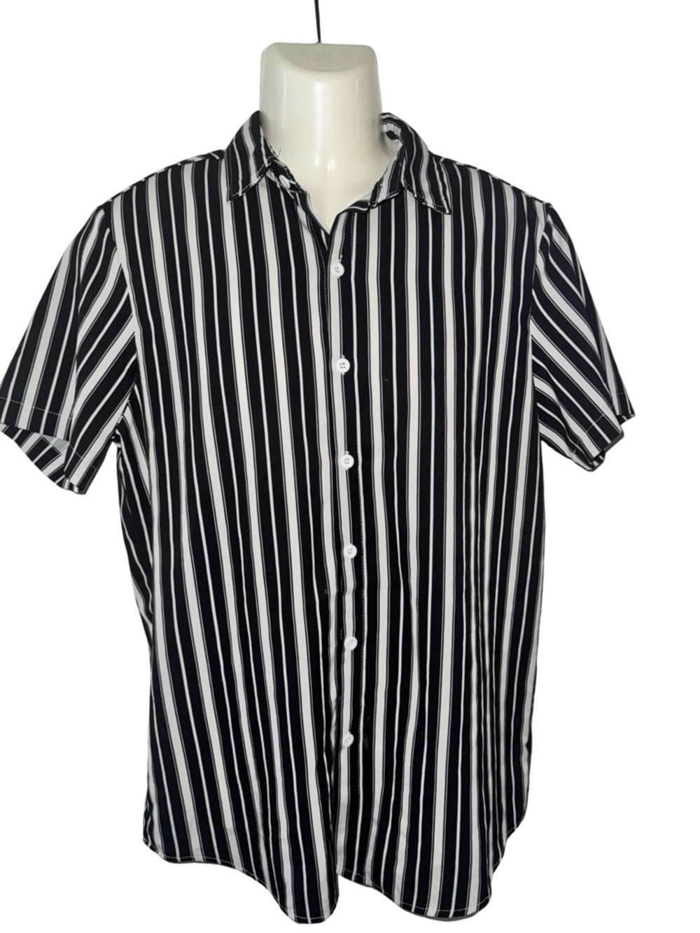 SHEIN Black & White Vertical Stripe Short Sleeve Button-Up Shirt